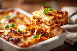 Delicious homemade lasagna with melted cheese, a Food & Drink Photo by AlyaAnd
