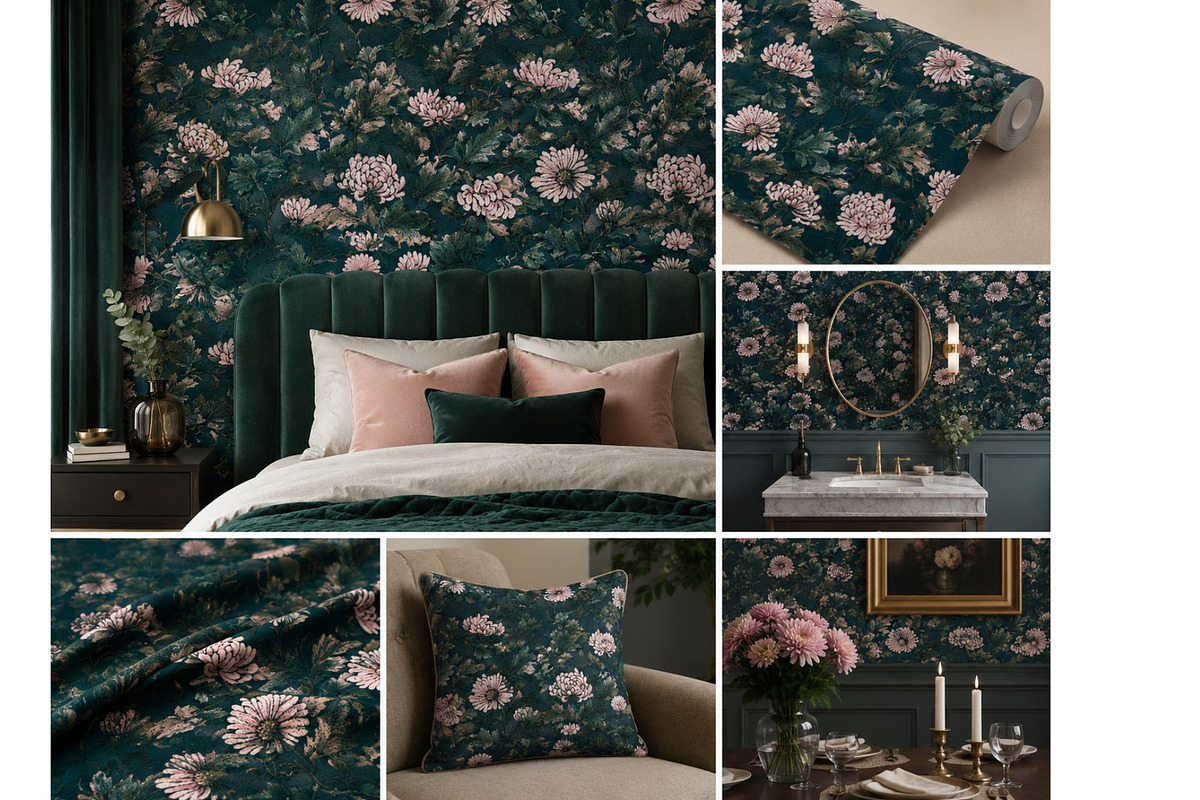Velvet Emerald Chrysanthemum Pattern, a Pattern Graphic by MouseGrey (Photo 6 of 7)
