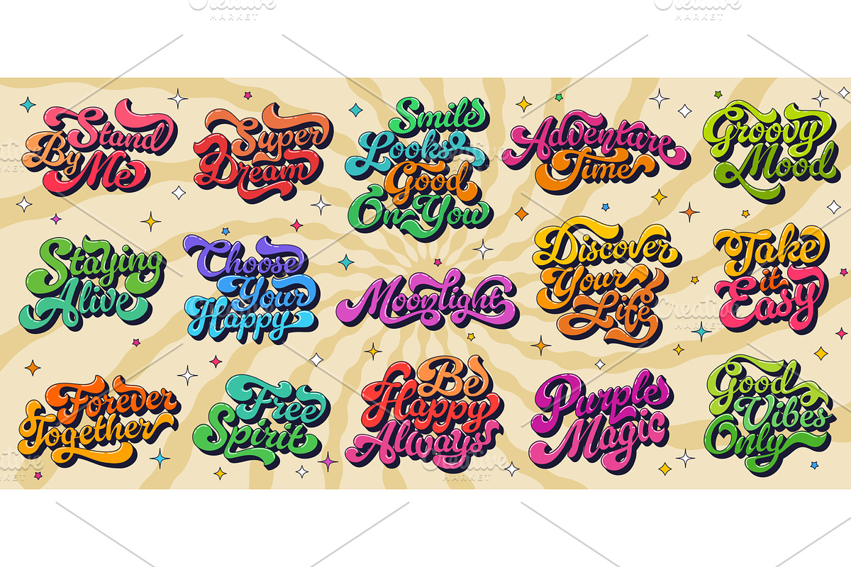 Groovy hippie script quotes, a Decorative Illustration by Vector Tradition
