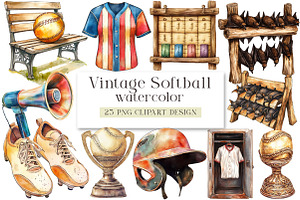 Vintage Softball Clipart, a Seasonal Illustration by DreamArtGraphic