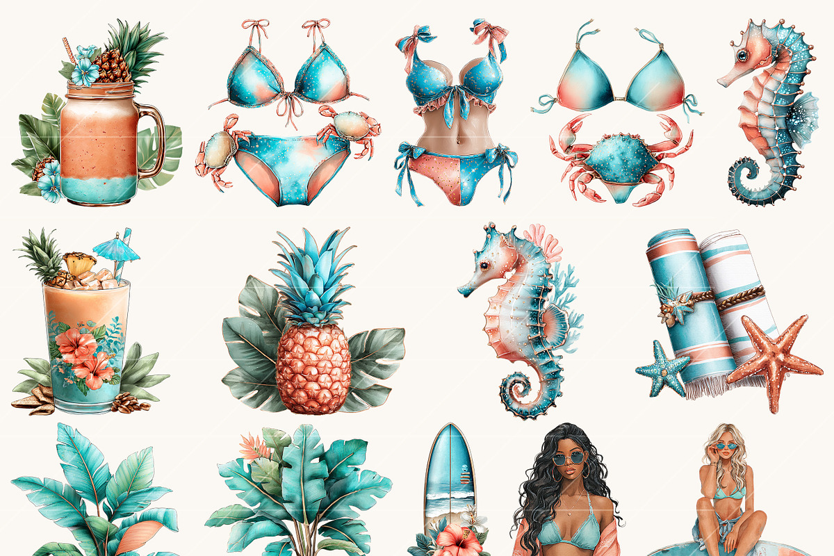 Watercolor Sun Kissed Summer Beach, a Seasonal Illustration by BusyDaydesign (Photo 6 of 9)