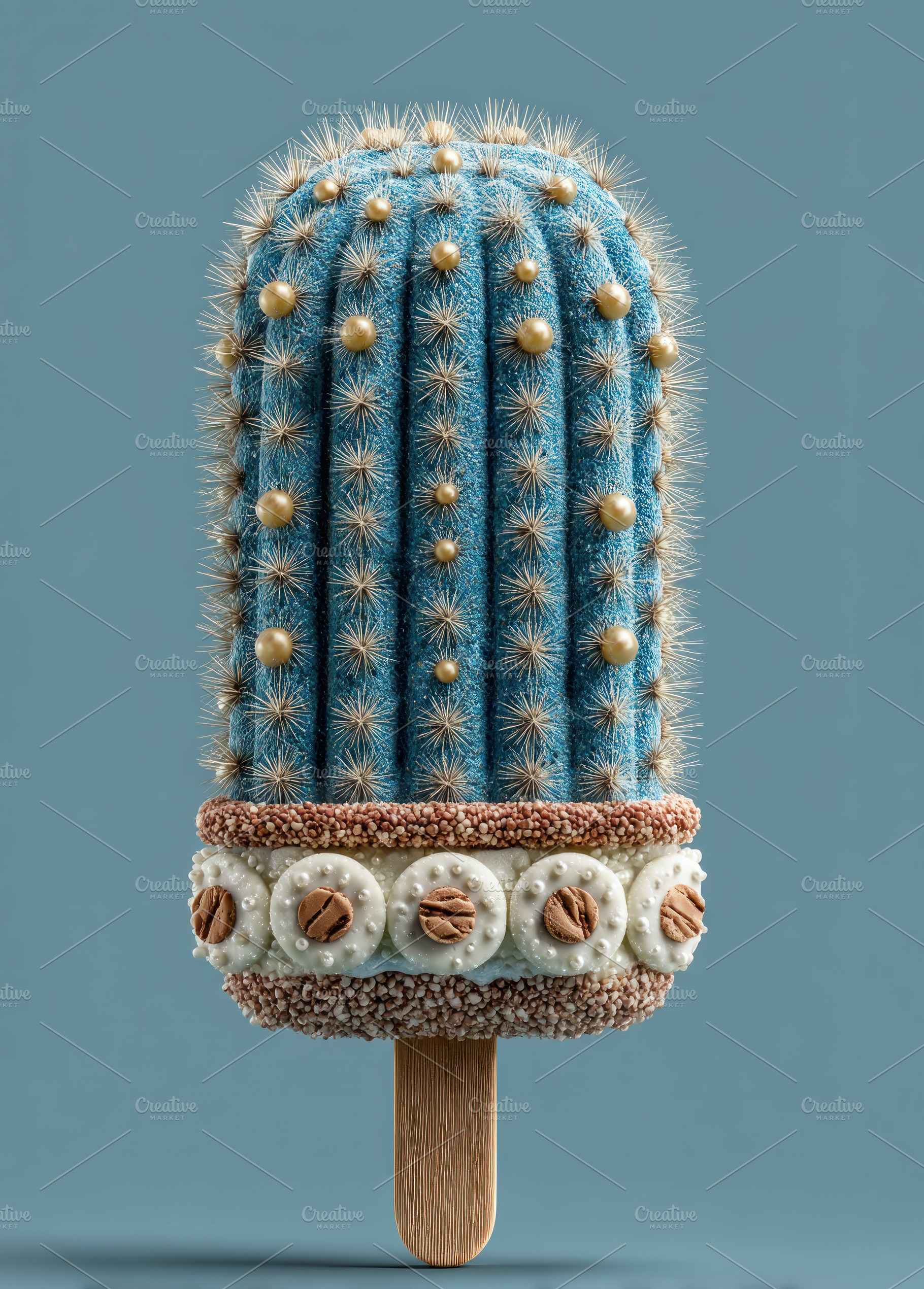 Blue cactus shaped like ice cream popsicle decorated with pearls, a Photo by José Manuel Gelpi