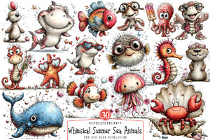 Whimsical Summer Sea Animals Clipart, an Illustration by OK Design