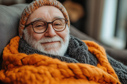 A cheerful elderly man with glasses and a warm smile, wrapped in a cozy orange, a Person Photo by Textures & Backgrounds