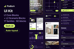 Podium Figma UI Kit: 92 Blocks, Dark