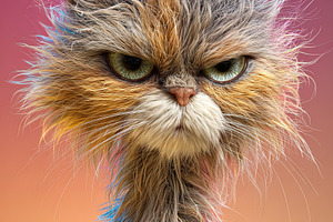 Close-up of a fluffy grumpy cat with expressive eyes and colorfu, an Animal Photo by Ales Munt