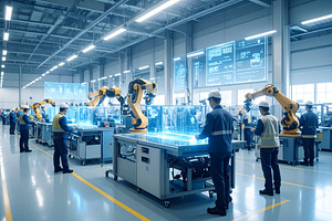 Industrial floor where robotic arms work alongside humans, an Industrial Photo by DanFLCreativo