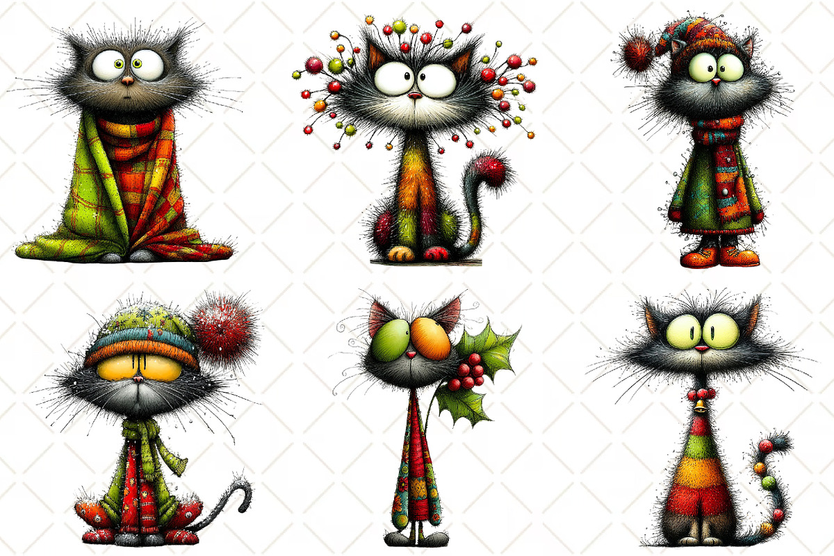 Whimsical Christmas Cats Clipart, an Illustration by Black Bird Studio (Photo 2 of 6)