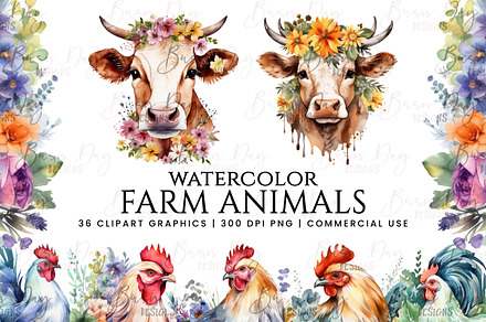 Watercolor Farm Animals Clipart, an Animal Illustration by BusyDaydesign