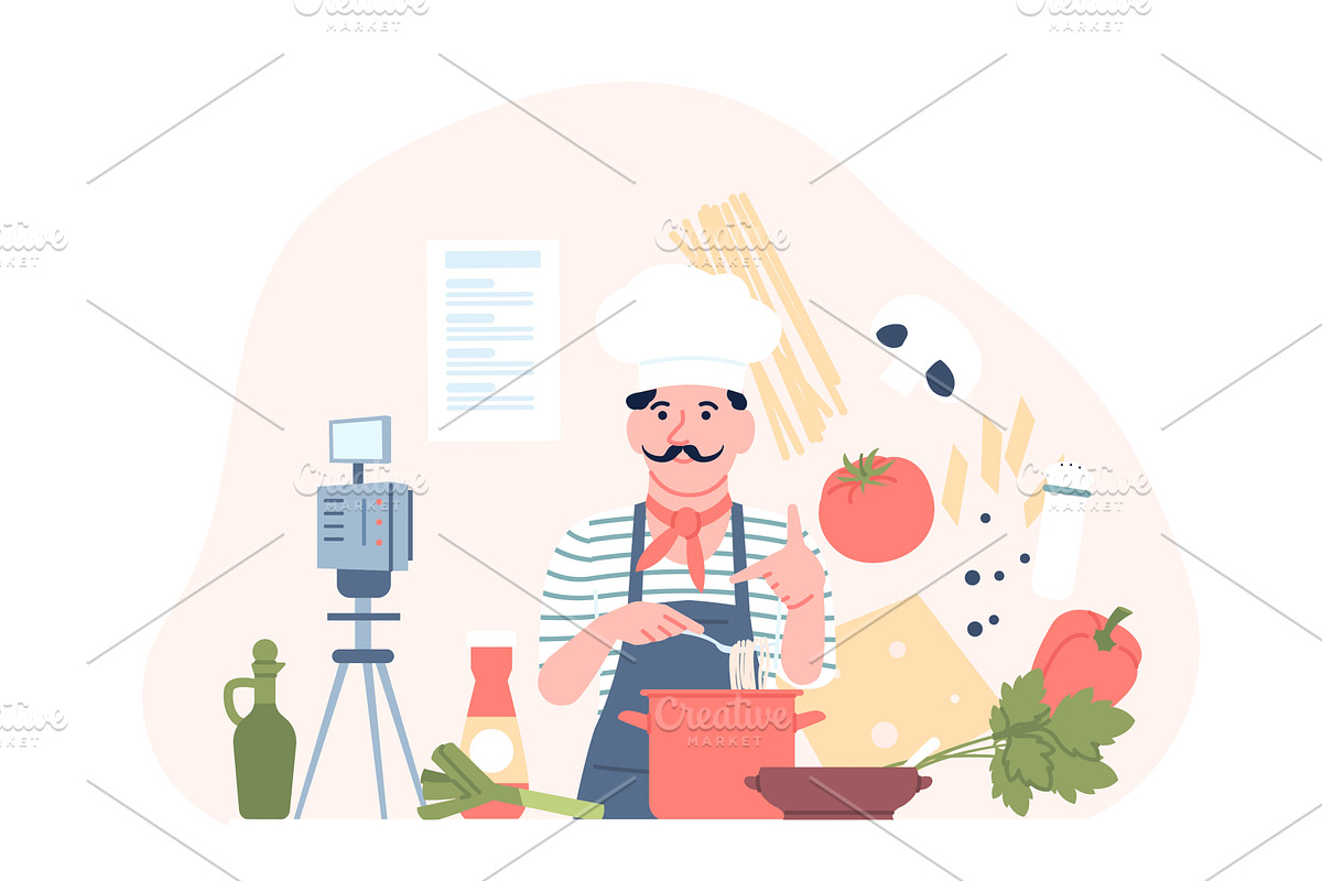 Italian chef cooking pasta, a Food Illustration by LadadikArt