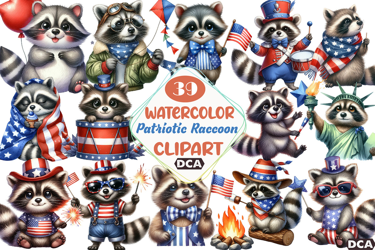 Cartoonish Patriotic Raccoon Clipart, an Illustration by DreamCafeArt (Photo 1 of 5)