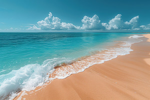 Tropical turquoise ocean waves gently washing onto a golden sand, a Wallpaper Photo by José Manuel Gelpi