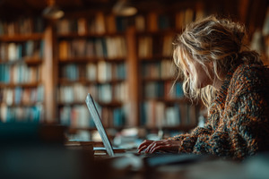 Young woman studying on a laptop in a quiet and cozy library, a Photo by AS photostudio