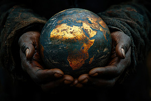 Weathered hands gently holding a textured Earth sphere with gold, a Person Photo by José Manuel Gelpi
