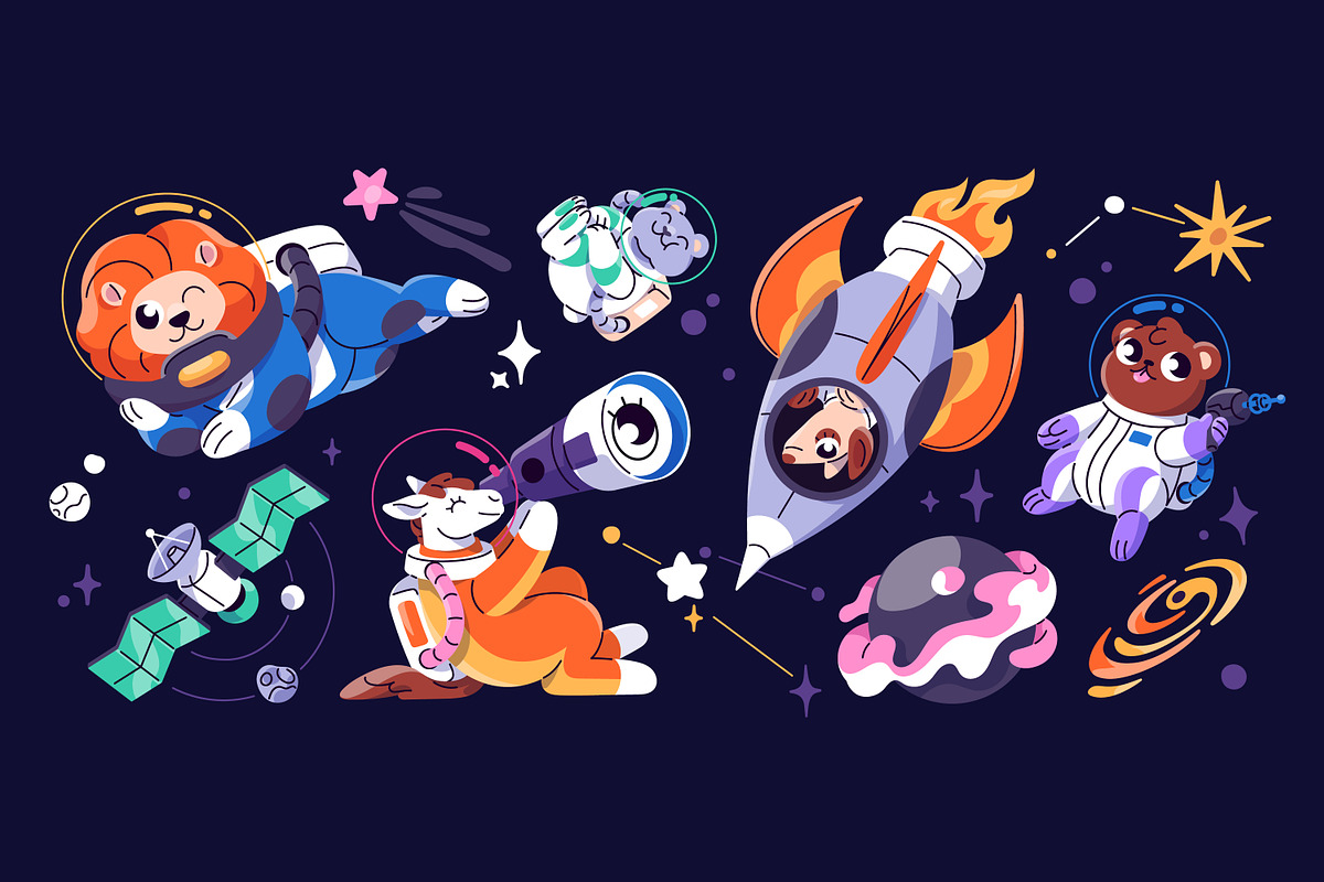 Cute animals astronauts in space set, an Animal Illustration by PaperTrident (Photo 2 of 6)
