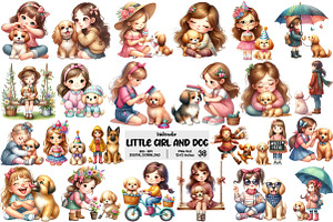 Little Girl and Dog Clipart, an Illustration by Pixels.Craft