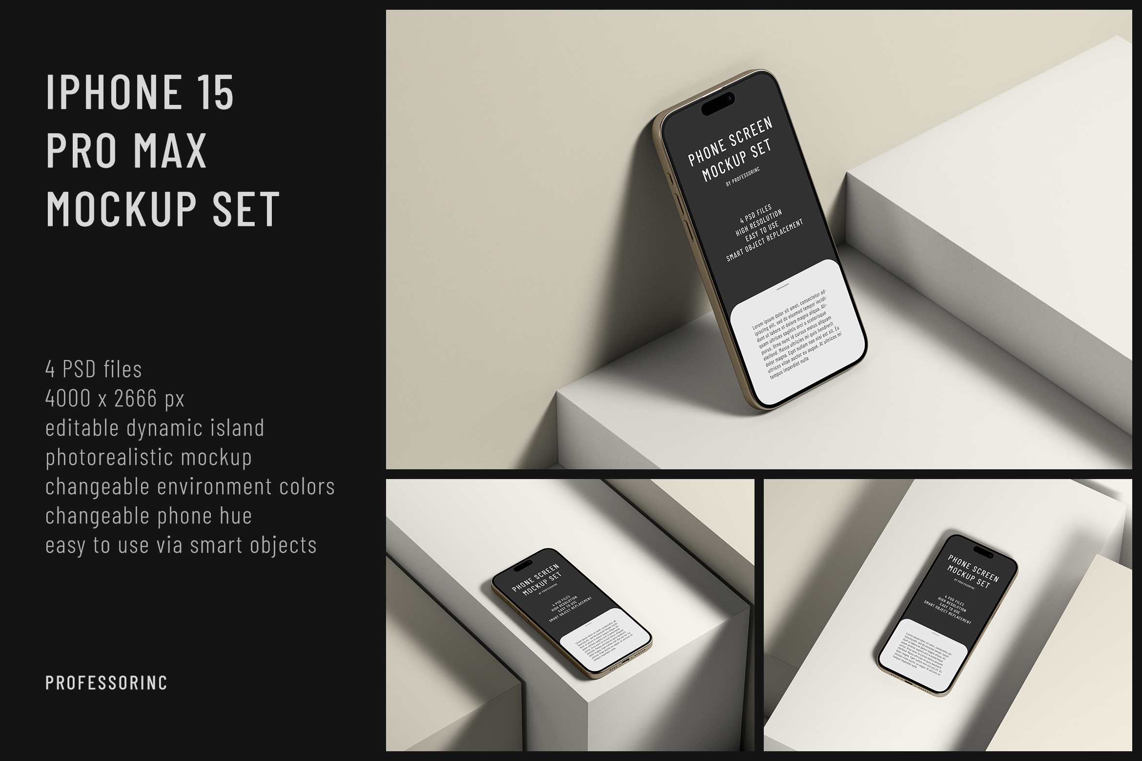 iPhone 15 Pro Max Screen Mockup Set, an iPhone Mockup by professorinc