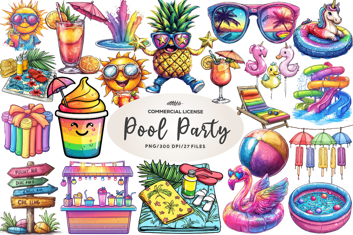 Colorful Pool Party Clipart, an Illustration by CreationArt (Photo 1 of 5)