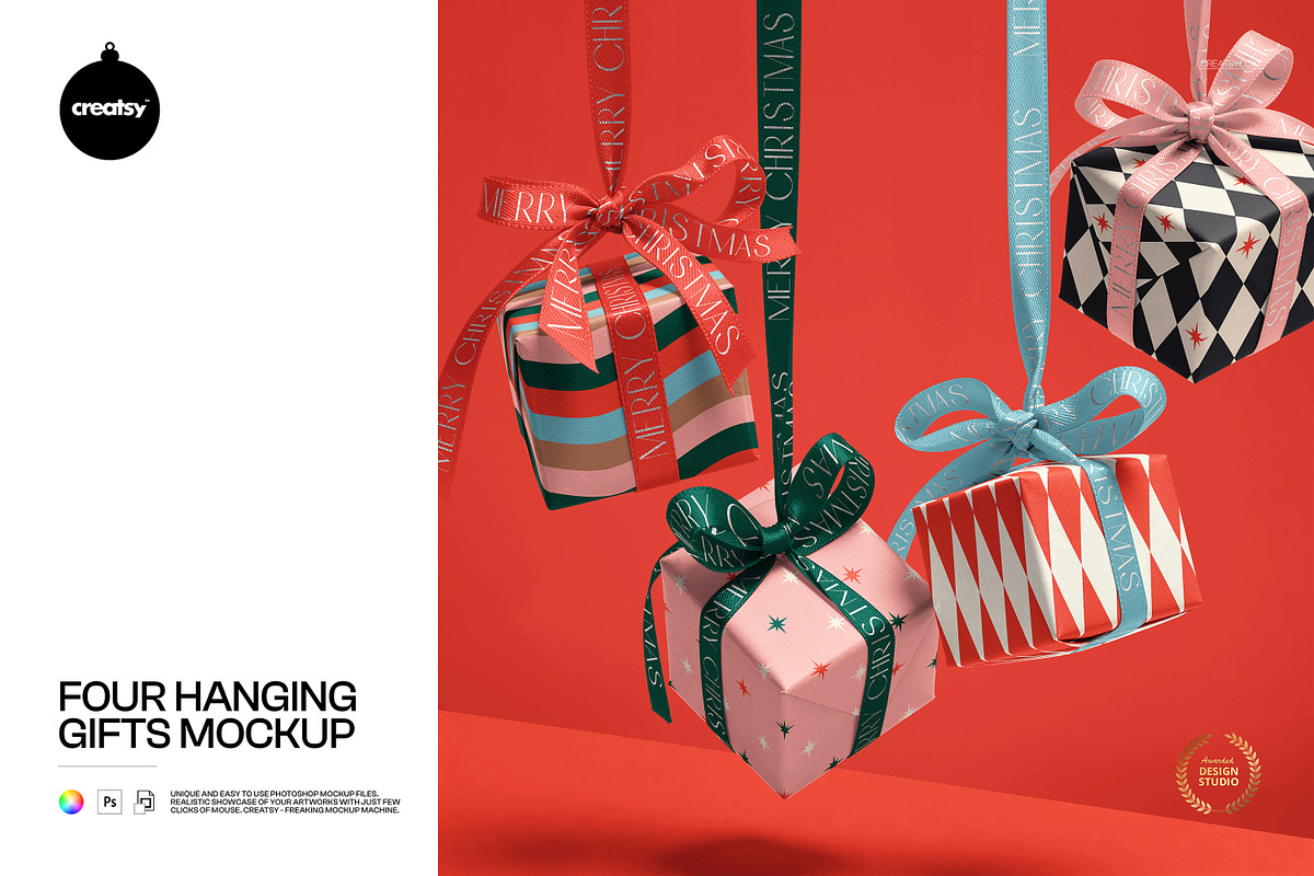Four Hanging Gifts Mockup, a Packaging Mockup by creatsy5 (Photo 1 of 6)