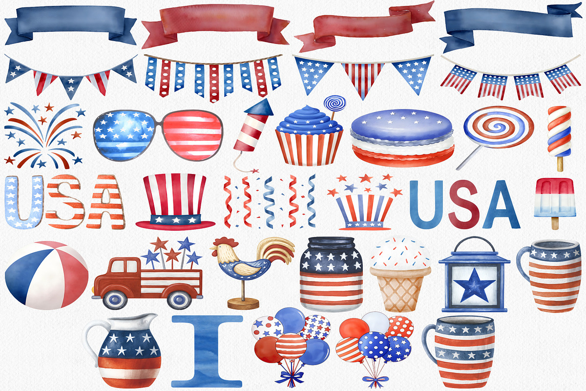 Watercolor 4th Of July Clipart Set, an Illustration by CropUp Creative (Photo 3 of 4)