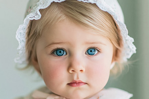 Baby girl with blonde hair and striking blue eyes wearing a vint, a Person Photo by Studio ANNA