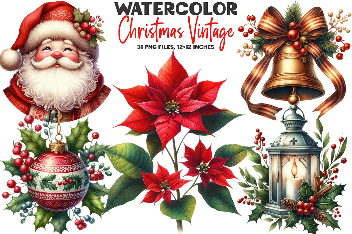 Watercolor Christmas Vintage Clipart, an Illustration by DreamArtGraphic (Photo 1 of 5)