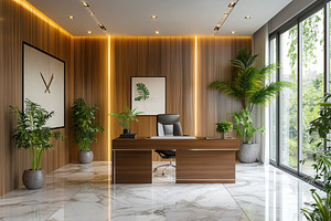 Sleek office with natural elements, a Photo by Pavel_design
