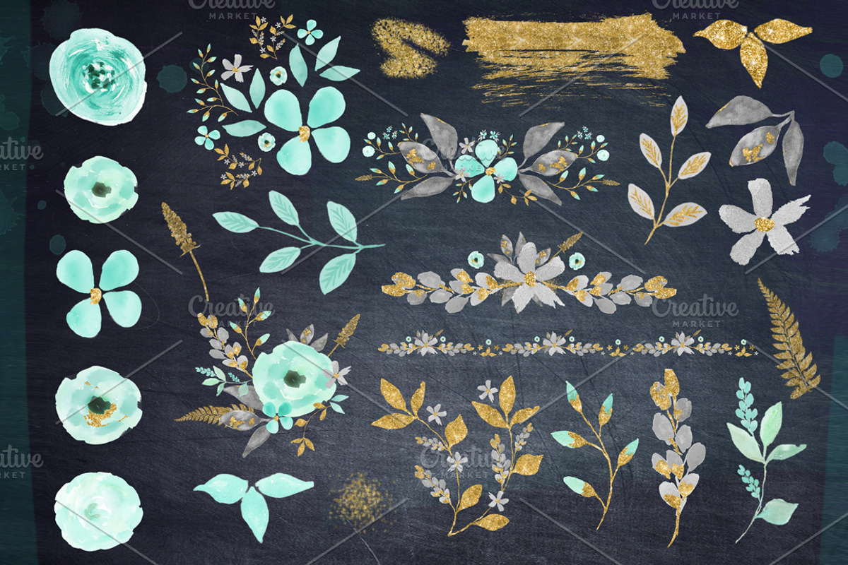 Mint & Gold -  flower clipart, an Illustration by DigitalCloud (Photo 5 of 6)
