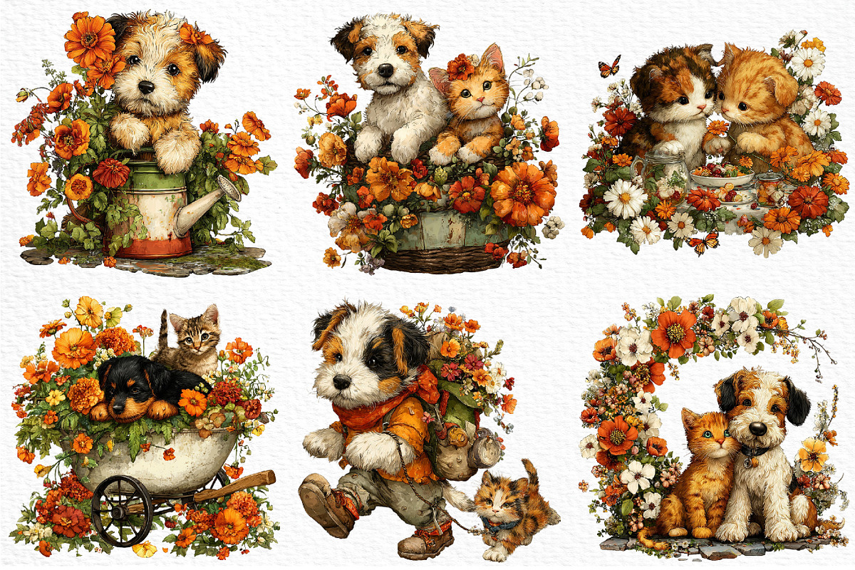 Whimsical Dog Cat Flower Clipart PNG, a Seasonal Illustration by Craft Nest (Photo 6 of 12)