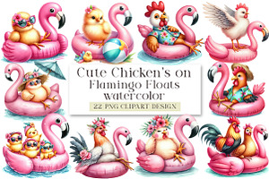 Cute Chicken's on Flamingo Floats Cl, an Illustration by DreamArtGraphic