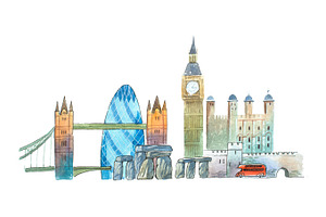 City of London Skyline famous landmarks travel and tourism waercolor illustration., a Work Illustration by undrey