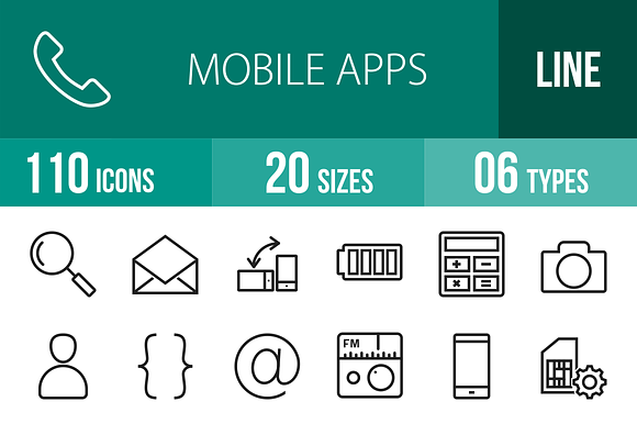 110 Mobile Apps Line Icons