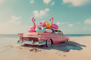 floaties on a pink car on the beach, generative AI, a Photo by Nito