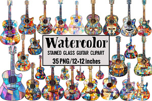 Stained Glass Guitar Clipart, an Illustration by Design Market