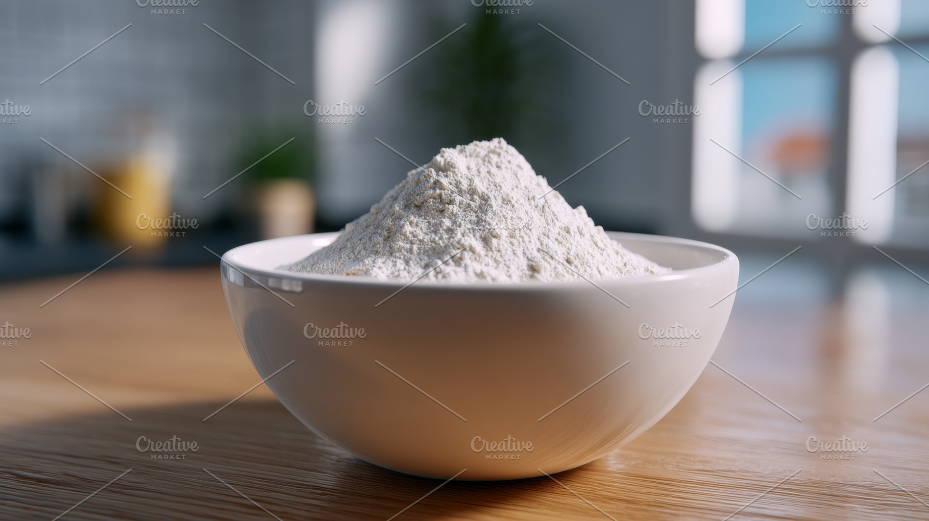 A close-up of a white bowl filled with flour, set against a modern kitchen back, a Business Photo by ImageMir