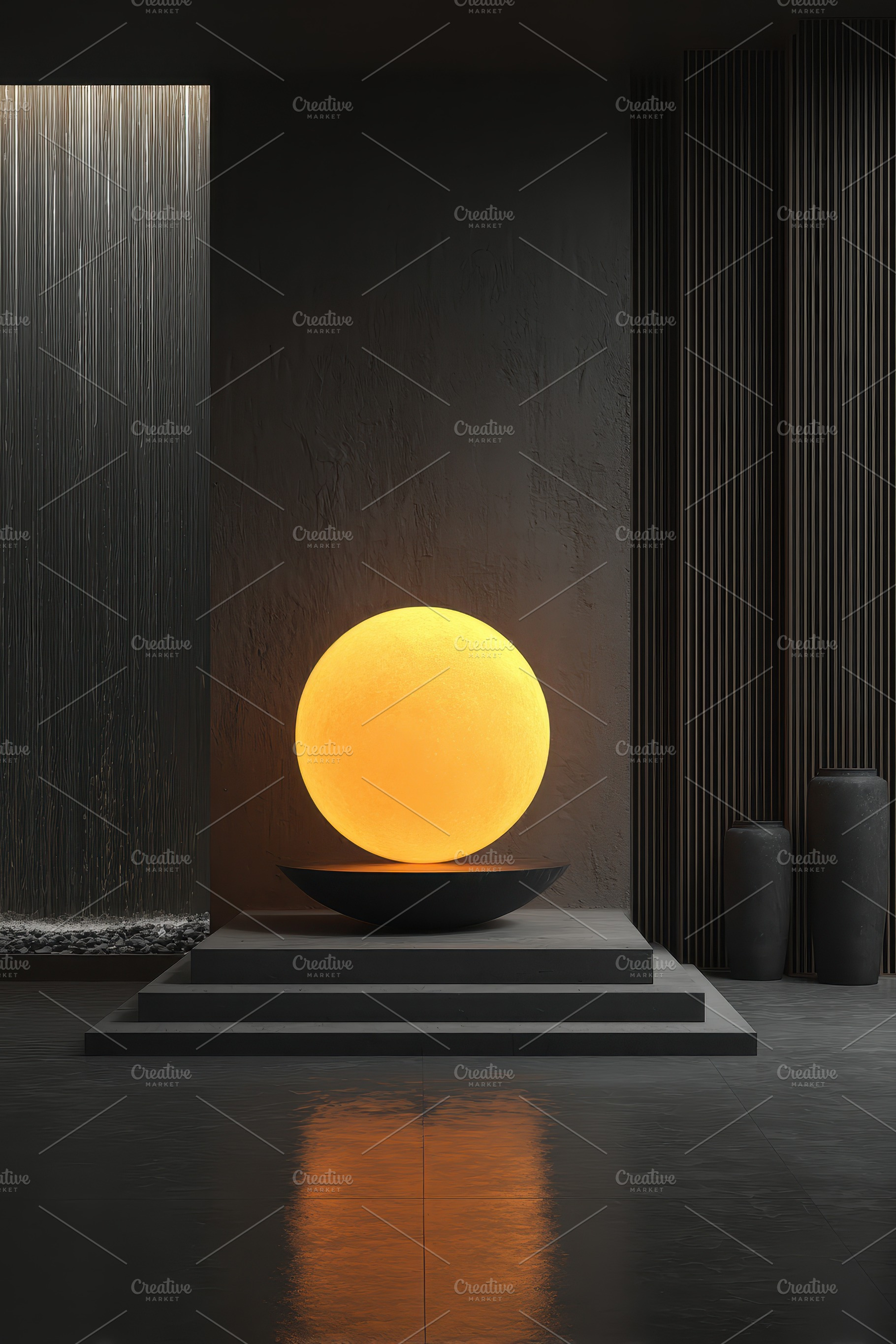Illuminated orb on minimalist platfo, a Photo by Pixeness Studio