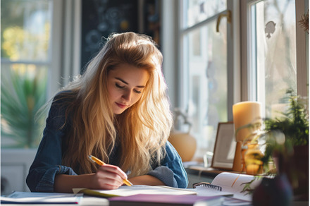 Focused young woman studying at home, a School & Education Photo by Ylivdesign