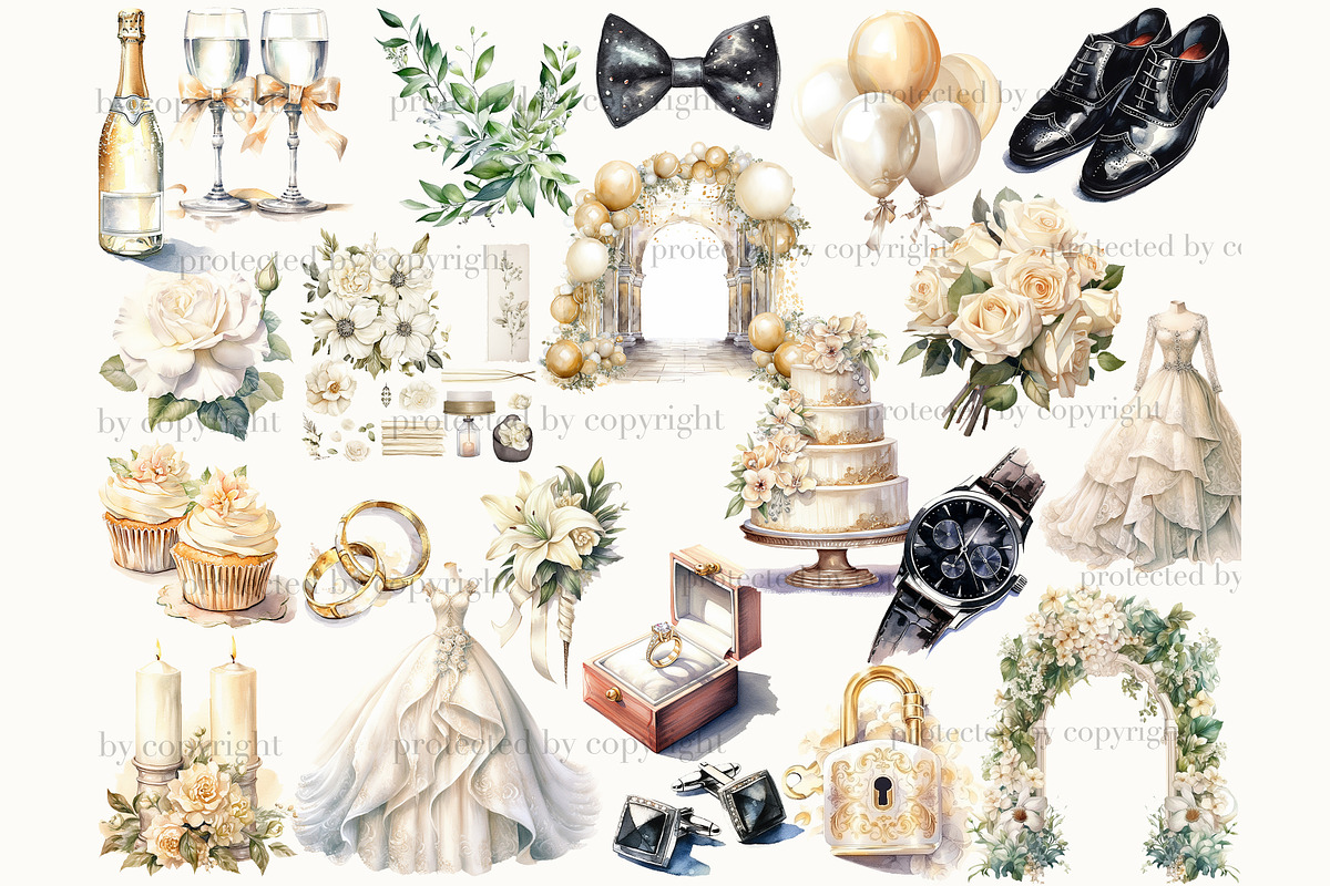 Watercolor Wedding Clipart Bundle, a Decorative Illustration by GlamArtZhanna (Photo 3 of 7)