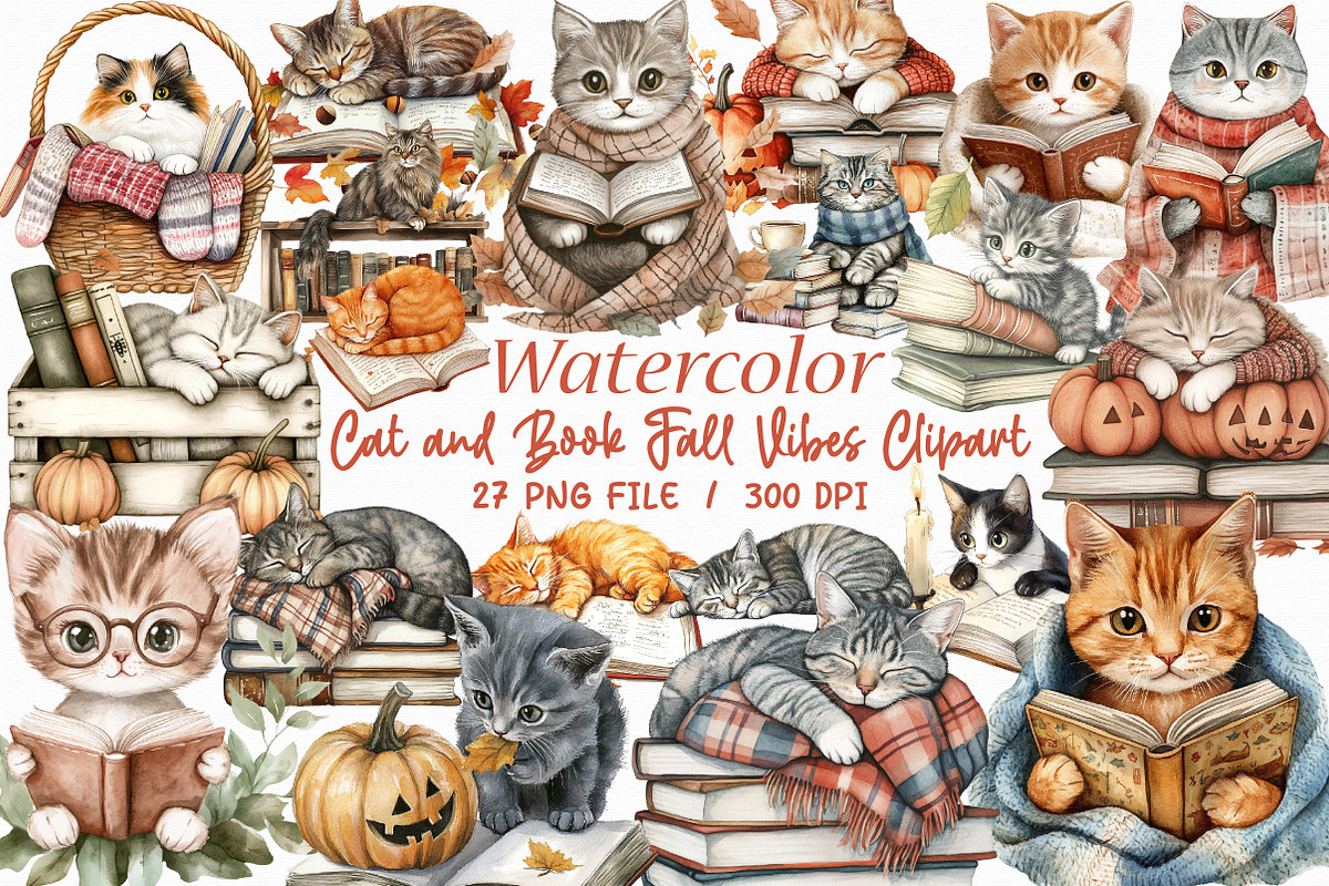 Cat and Book Fall Vibes Clipart, an Illustration by Libby Wishes (Photo 1 of 6)