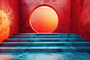Futuristic Red and Blue Staircase with Glowing Circular Portal, an Abstract Photo by José Manuel Gelpi