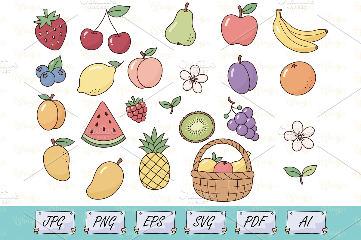Cute Fruit Clipart Set Vector, a Food Illustration by Ghagra (Photo 1 of 3)