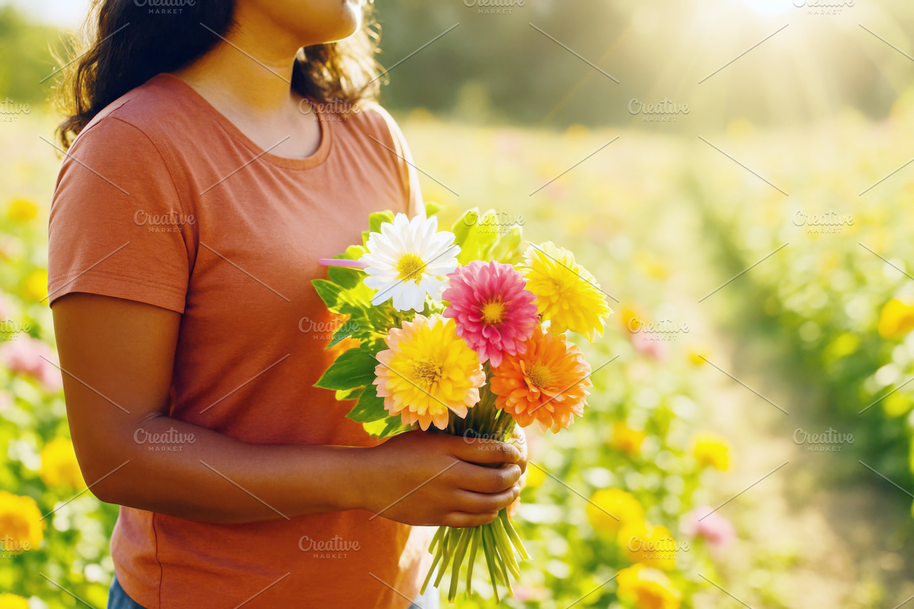 Woman holding colorful daisies in field celebrating Internationa, a Photo by Dvoevnore photos