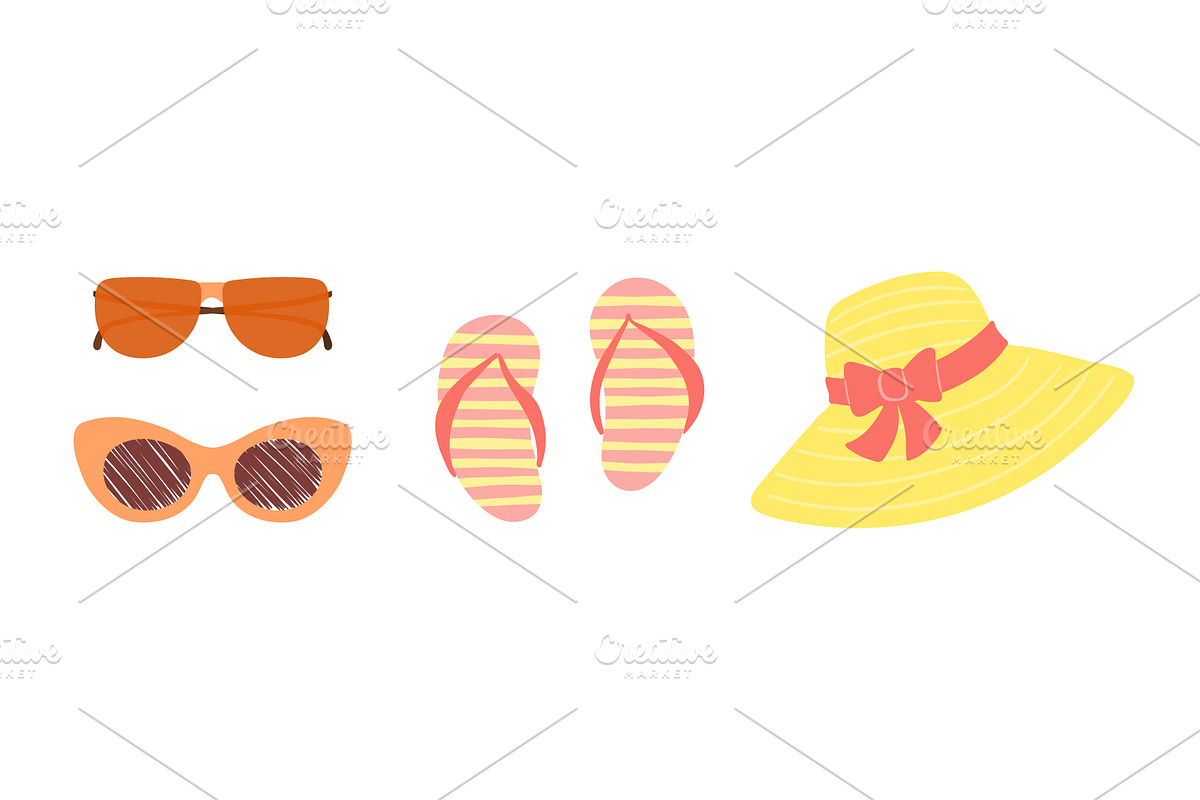 Straw sun hat, flip flops, an Object Illustration by sceptical cactus
