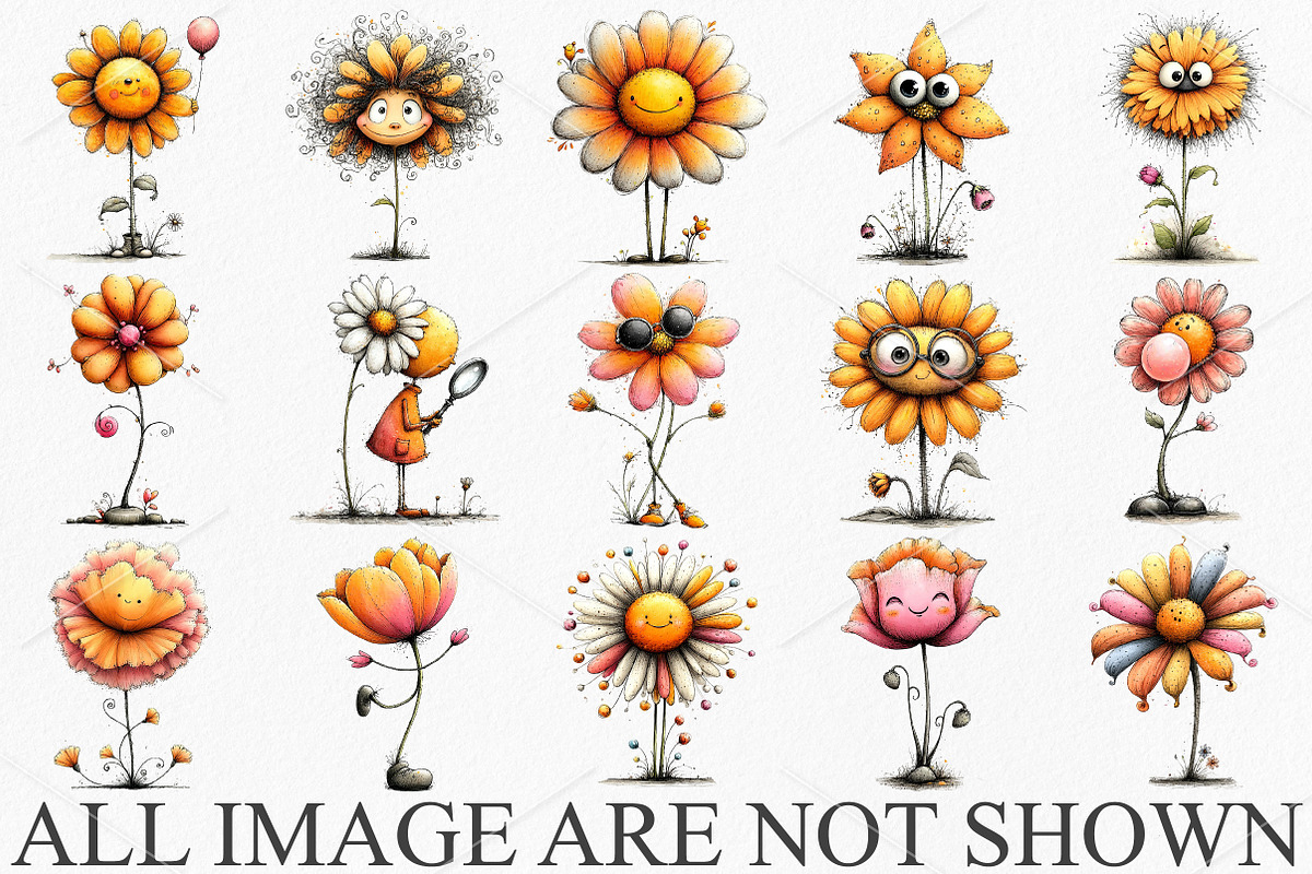 Quirky Flowers Funny Clipart Bundle, an Illustration by Canvas Craft (Photo 3 of 7)