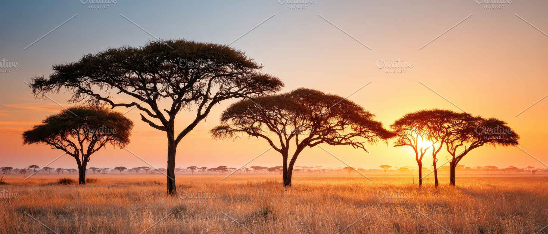 Acacia trees at sunset in a serene landscape, a Nature Photo by AlyaAnd