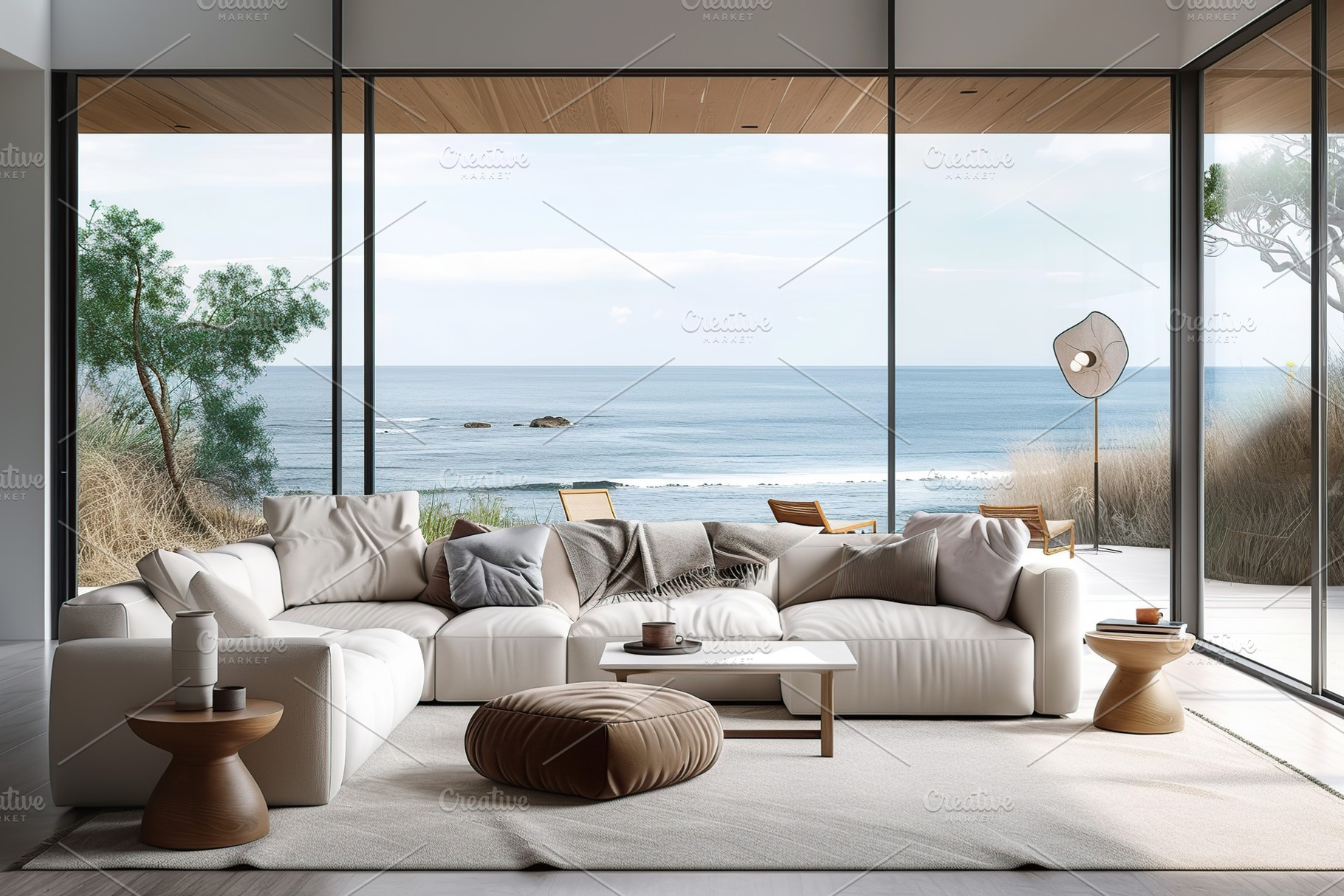 Modern living room with couch overlooking on ocean. Scandinavian interior, a Beauty & Fashion Photo by AlyaAnd