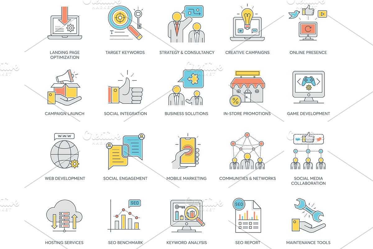 Online Marketing Color Line Icons, an Outline Icon by Flat Icons