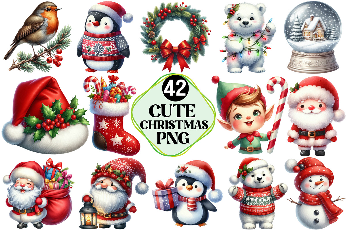 Cute Christmas Clipart Bundle, an Illustration by Pixels.Craft (Photo 1 of 7)