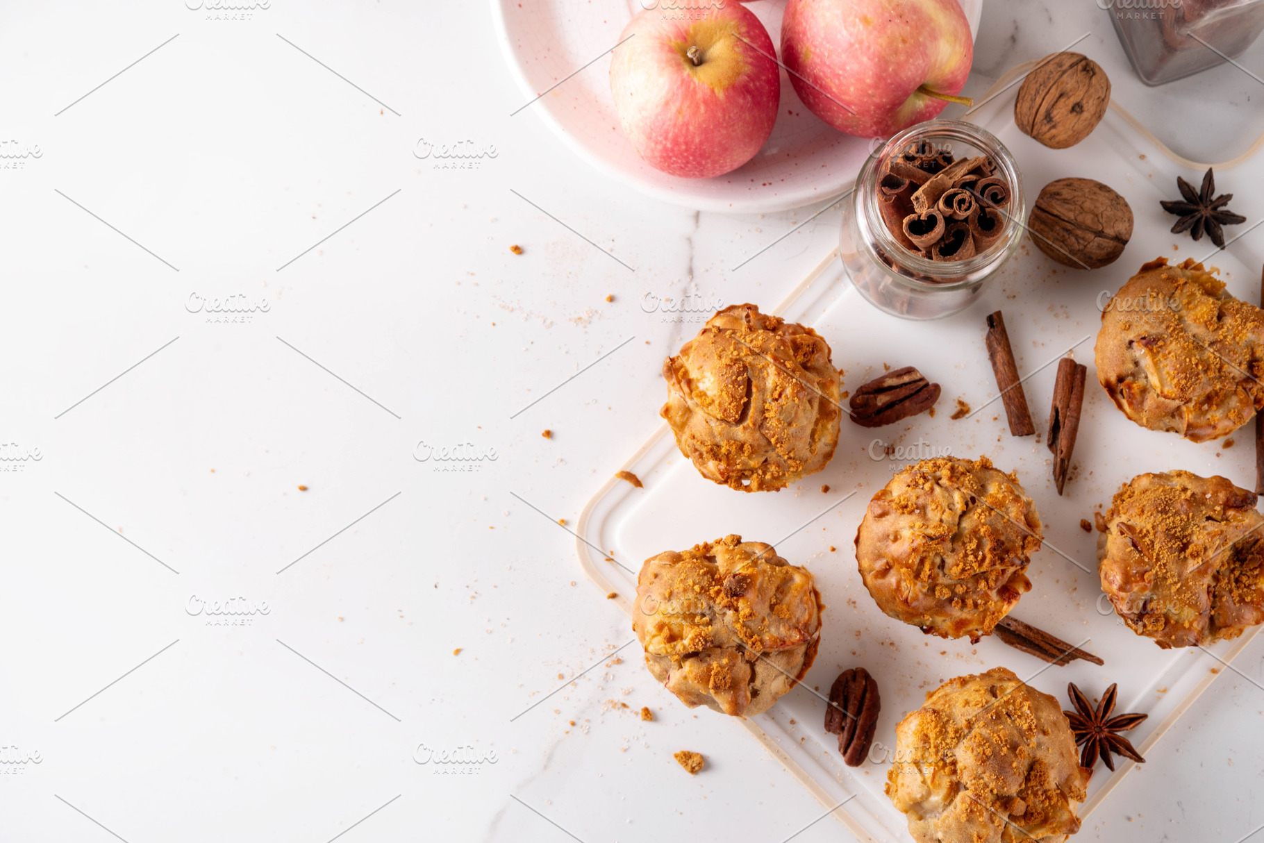 Tasty delicious apple pie muffins with cinnamon crumb topping, a Food & Drink Photo by Rimma