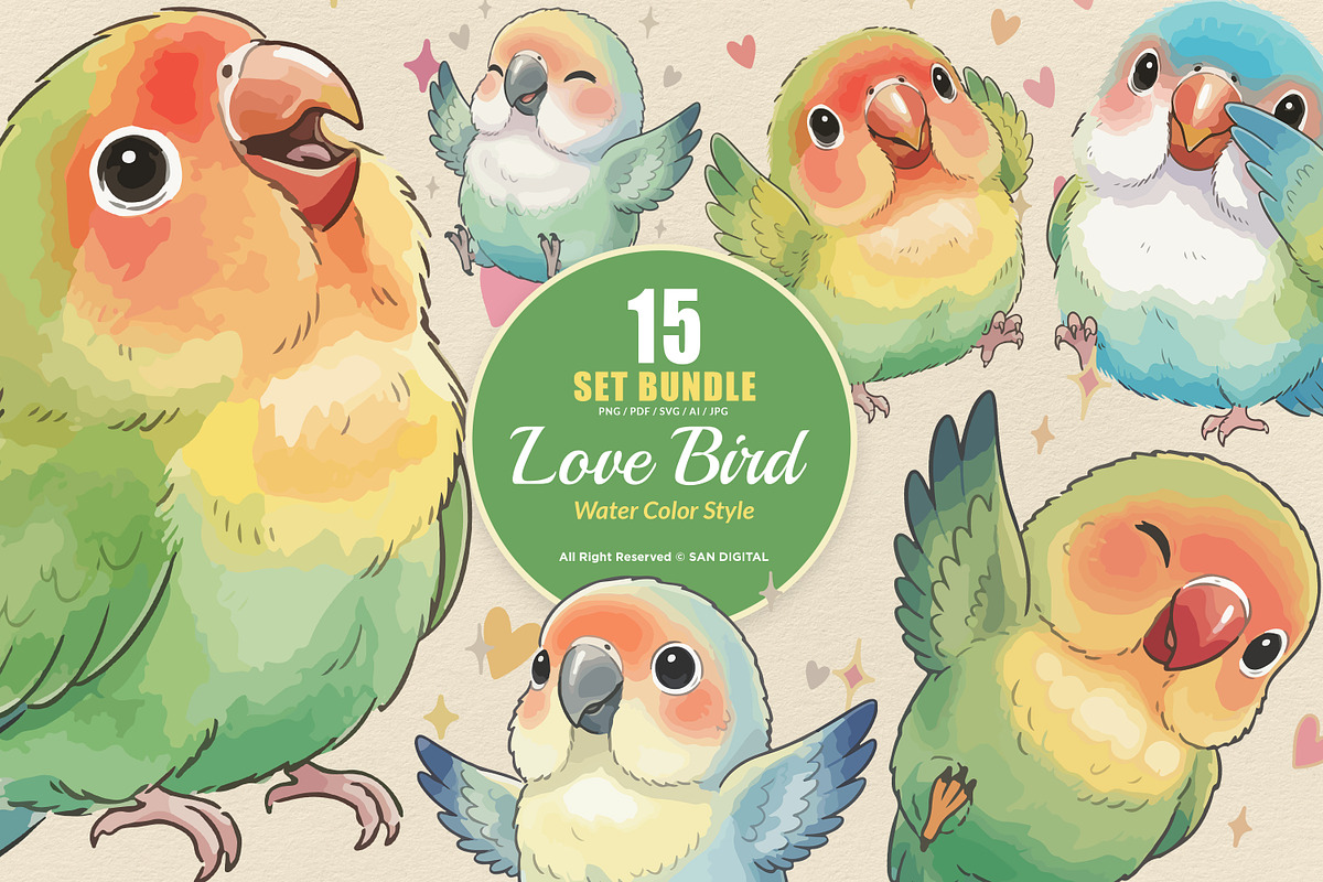 15 Bundle Watercolor Love Bird Cute, an Animal Illustration by Morspective (Photo 1 of 8)